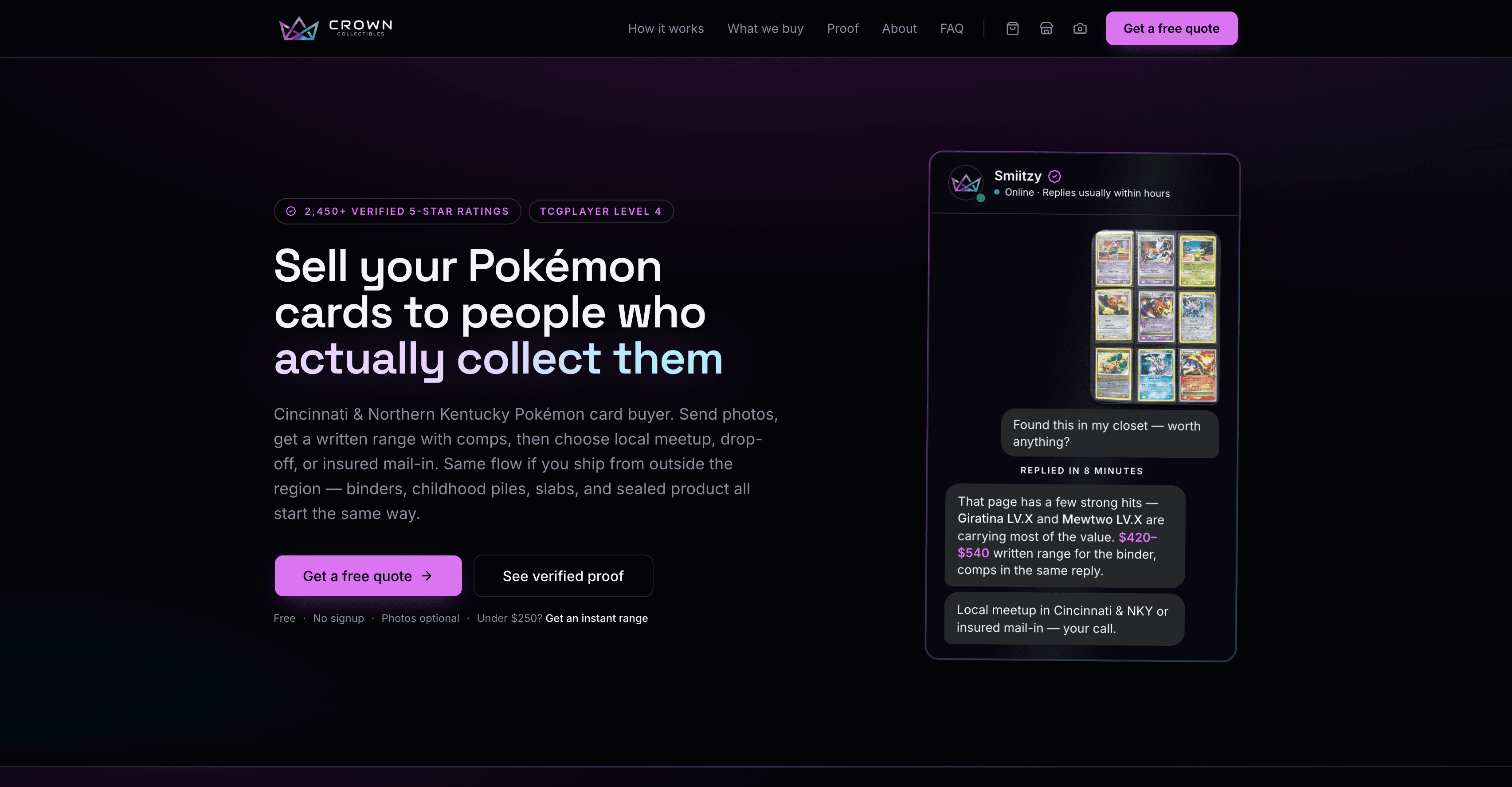 Crown Collectibles homepage built by Atlas, with the sell-your-cards headline, a get-a-free-quote button, and the quote request chat